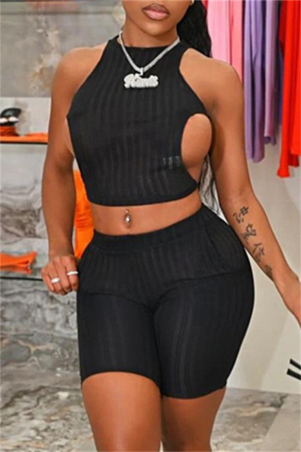 Black Fashion Sexy Solid Bandage Backless O Neck Sleeveless Two Pieces