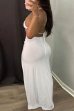White Fashion Sexy Plus Size Solid Bandage Backless Slit Spaghetti Strap Long Dress