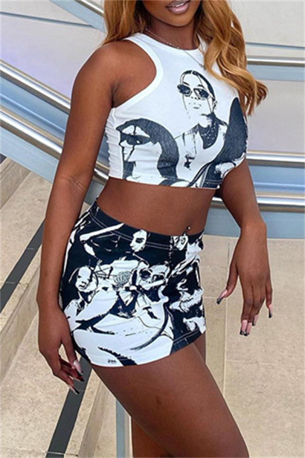Black Fashion Sexy Print Basic O Neck Sleeveless Two Pieces