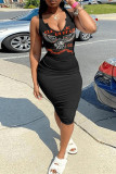 Black Fashion Casual Print Basic U Neck Vest Dress
