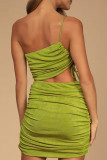 Green Fashion Sexy Solid Hollowed Out Backless Fold Spaghetti Strap Sleeveless Dress
