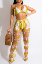 Yellow Sexy Print Bandage Hollowed Out Patchwork Halter Sleeveless Two Pieces