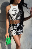 Black Fashion Sexy Print Basic O Neck Sleeveless Two Pieces