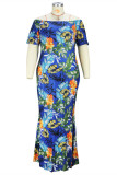 Blue Fashion Casual Plus Size Print Patchwork Off the Shoulder Long Dress