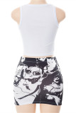 Black Fashion Sexy Print Basic O Neck Sleeveless Two Pieces