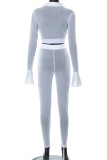 White Fashion Sexy Solid Patchwork See-through Turndown Collar Long Sleeve Two Pieces