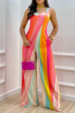 Colour Casual Print Patchwork Spaghetti Strap Straight Jumpsuits