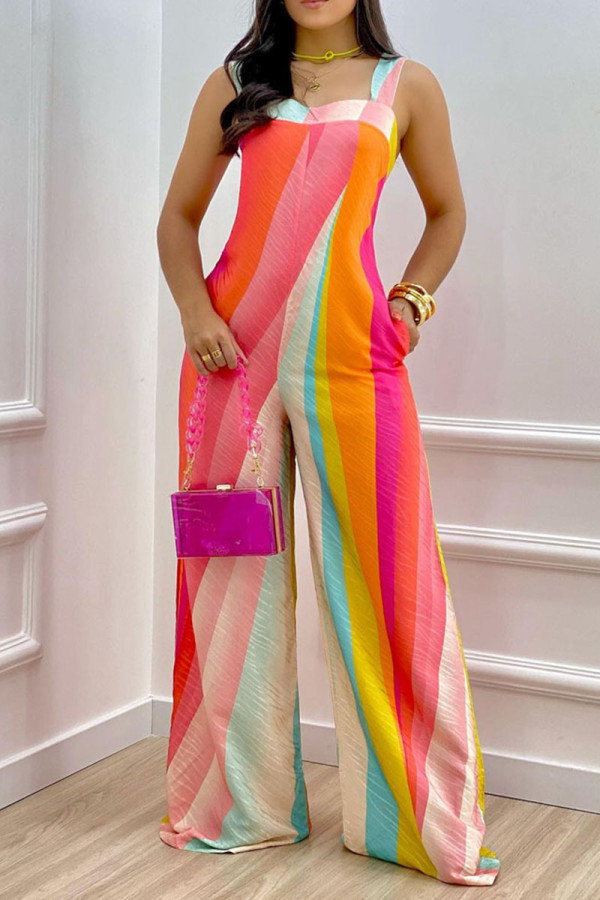 Colour Casual Print Patchwork Spaghetti Strap Straight Jumpsuits