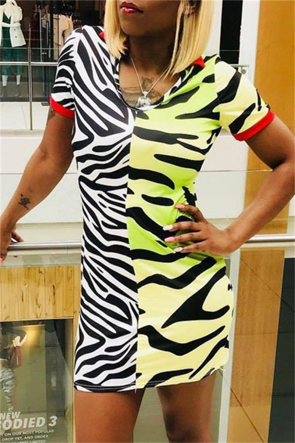 Green Fashion Casual Print Patchwork Turndown Collar Short Sleeve Dress