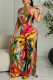 Red Sexy Print Hollowed Out Patchwork Spaghetti Strap Straight Jumpsuits