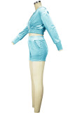 Light Blue Casual Gradual Change Solid Patchwork Hooded Collar Long Sleeve Two Pieces