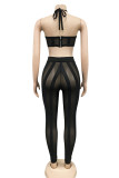 Black Fashion Sexy Striped See-through Backless Halter Sleeveless Two Pieces