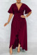 Burgundy Fashion Casual Solid Patchwork V Neck Short Sleeve Dress Dresses