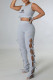 Grey Fashion Sexy Print Bandage O Neck Sleeveless Two Pieces