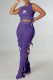 Light Purple Fashion Sexy Print Bandage O Neck Sleeveless Two Pieces