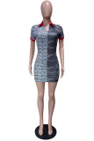 Leopard Print Fashion Casual Print Patchwork Turndown Collar Short Sleeve Dress