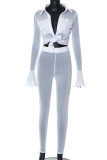 White Fashion Sexy Solid Patchwork See-through Turndown Collar Long Sleeve Two Pieces