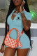 Sky Blue Fashion Casual Print Letter Zipper Collar Rompers