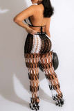Black Sexy Print Bandage Hollowed Out Patchwork Halter Sleeveless Two Pieces