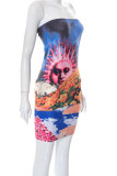 Multicolor Fashion Sexy Print Backless Strapless Sleeveless Dress