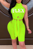 Fluorescent Green Casual Print Bandage Patchwork Half A Turtleneck Sleeveless Two Pieces