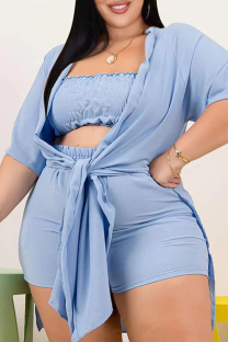 Light Blue Sexy Solid Split Joint Strapless Plus Size Three Pieces