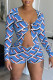 Blue Fashion Sexy Casual Print Patchwork V Neck Long Sleeve Two Pieces