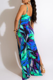 Red Sexy Print Hollowed Out Patchwork Spaghetti Strap Straight Jumpsuits