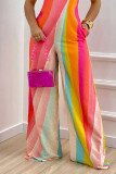 Colour Casual Print Patchwork Spaghetti Strap Straight Jumpsuits