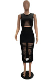 Light Gray Fashion Sexy Solid Hollowed Out O Neck Sleeveless Dress Dresses