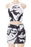 Black Fashion Sexy Print Basic O Neck Sleeveless Two Pieces