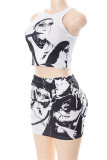Black Fashion Sexy Print Basic O Neck Sleeveless Two Pieces