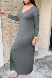 Grey Casual Solid Patchwork V Neck Long Sleeve Plus Size Dresses