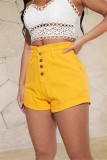 Yellow Fashion Casual Solid Patchwork High Waist Regular Denim Shorts