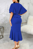 Blue Elegant Solid Patchwork Flounce O Neck Irregular Dress Dresses