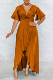 Blue Fashion Casual Solid Patchwork V Neck Short Sleeve Dress Dresses