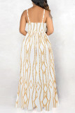 White Fashion Sexy Print Backless Spaghetti Strap Long Dress