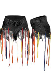 Black Street Solid Bandage Patchwork High Waist Denim Shorts