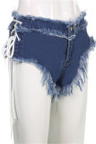 Blue Fashion Sexy Solid Bandage Patchwork Backless Halter Sleeveless Two Pieces