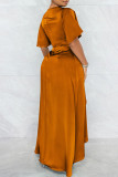 Blue Fashion Casual Solid Patchwork V Neck Short Sleeve Dress Dresses