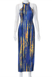 Blue Fashion Sexy Print Backless Slit Halter Sleeveless Dress