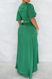 Blue Fashion Casual Solid Patchwork V Neck Short Sleeve Dress Dresses