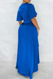 Blue Fashion Casual Solid Patchwork V Neck Short Sleeve Dress Dresses
