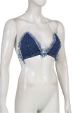 Blue Fashion Sexy Solid Bandage Patchwork Backless Halter Sleeveless Two Pieces