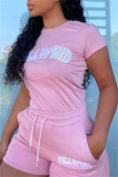 Pink Fashion Casual Letter Print Basic O Neck Short Sleeve Two Pieces