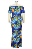 Blue Fashion Casual Plus Size Print Patchwork Off the Shoulder Long Dress
