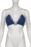 Blue Fashion Sexy Solid Bandage Patchwork Backless Halter Sleeveless Two Pieces