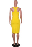 Yellow Sexy Solid Patchwork Spaghetti Strap One Step Skirt Dresses