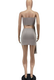 Grey Sexy Solid Patchwork Knotted Strapless Sleeveless Two Pieces