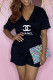 Black Fashion Casual Print Letter V Neck Rompers